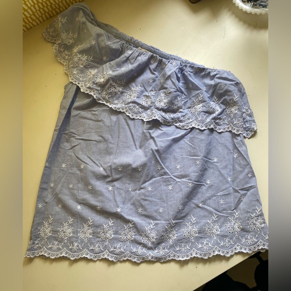 Michael Kors Striped Blue Top with White Embroidery One Shoulder Blouse Size M